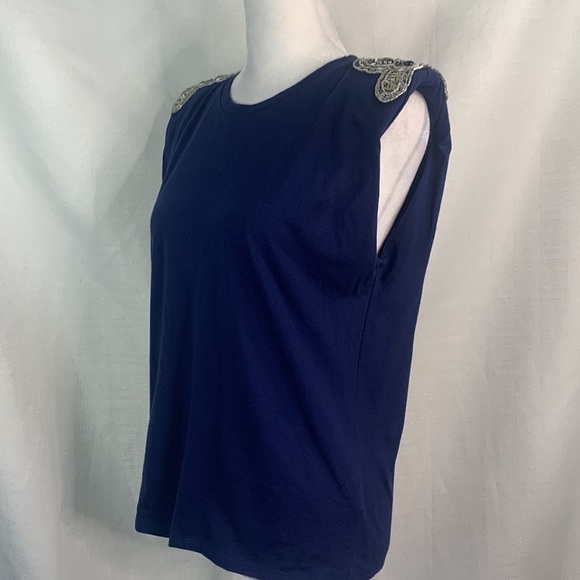 Express Navy Embellished Padded Shoulder Crew Neck Tee - Picture 7 of 14
